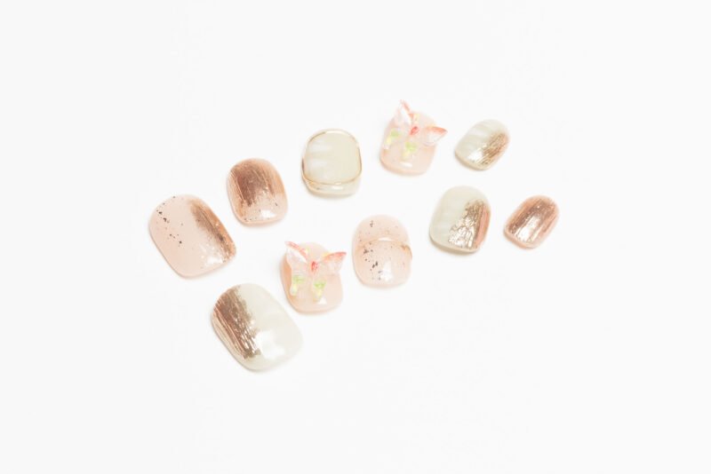 Rose Gold Butterfly Press-On Nails with Metallic Finish and 3D Butterfly Accents